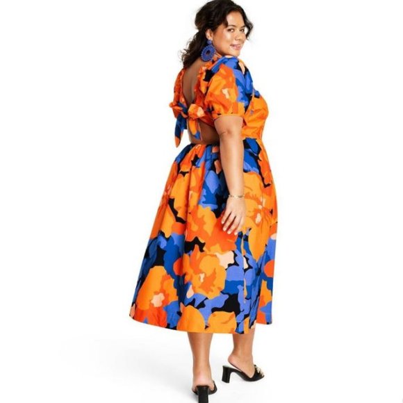 NWT 28W Tabitha Brown Floral Print Puff Sleeve Tie-Back Midi Dress - Picture 2 of 3